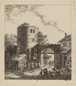 Villageois à la porte de la ville saluant un dignitaire
