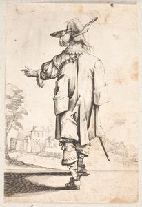 Cavalier vu de dos : Gestes avec la main gauche. Porte une cape et un chapeau à plumes. Ville fortifiée et porte au-delà