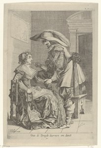 Homme offrant une pièce à une femme