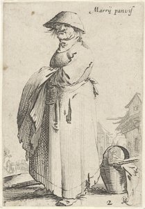 Femme avec un tissu sur le bras, un panier au sol derrière elle (Marrij panvis, La vie des paysans) - Salomon Savery