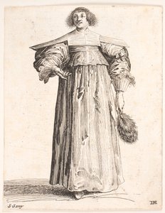 Femme vue de face. Tient un éventail de plumes dans la main gauche et fait un geste de la main droite - Salomon Savery