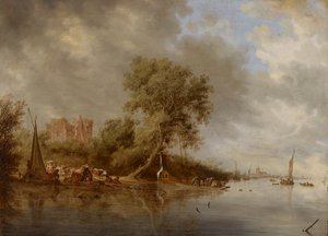 Paysage fluvial avec les ruines du château d