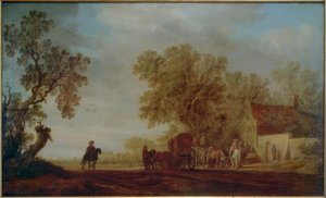 Route de campagne avec auberge et voyageurs