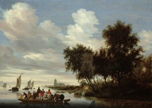 Paysage fluvial avec un ferry