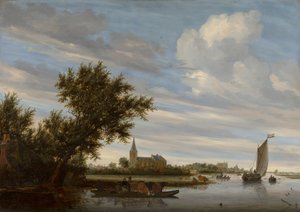 Vue de rivière avec église et bac - Salomon van Ruysdael