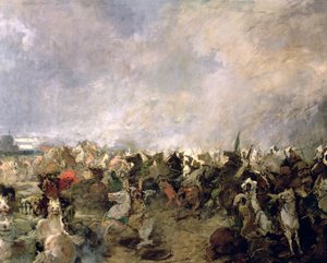 La bataille de Guadalete, détail de la fuite des Goths sous le commandement du roi Roderic en présence de la cavalerie musulmane de Tarik Ibn Ziyad, 711 après J.-C. (détail)