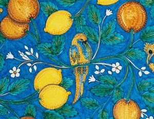 Agrumes, fleurs et oiseaux sur fond bleu, détail décoratif d