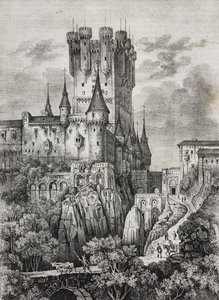 Alcazar de Ségovie, Espagne, lithographie de Salvatore Puglia de Poliorama Pittoresco, n 36, 12 avril