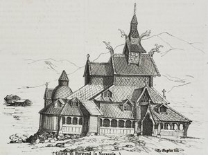 Église en bois debout de Borgund, Norvège, lithographie de Salvatore Puglia de Poliorama Pittoresco, n 40, 14 mai