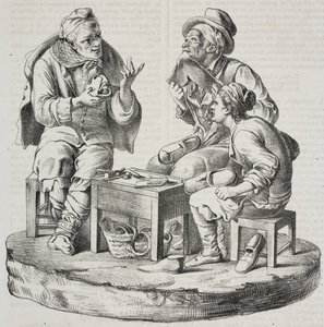Cordonnier en dispute, statuettes de Giacomo Bongiovanni et Giuseppe Vaccaro, lithographie de Salvatore Puglia de Poliorama Pittoresco, n 32, 18 mars