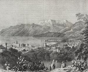 Vue de Beyrouth et de la chaîne du Mont Liban, Liban, lithographie de Salvatore Puglia de Poliorama Pittoresco, n 8, 1er octobre