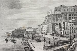 Vue de Borgo Santa Lucia, Naples, Campanie, Italie, lithographie de Salvatore Puglia de Poliorama Pittoresco, n 36, 15 avril