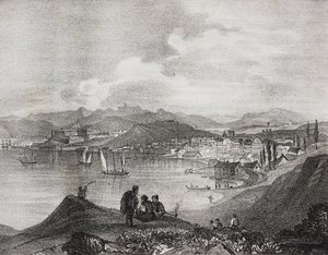 Vue de Corfou depuis le mont Oliveto, îles Ioniennes, Grèce, lithographie de Salvatore Puglia de Poliorama Pittoresco, n°25, 25 janvier - Salvatore Puglia