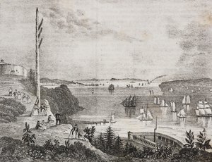 Vue de la baie de New York depuis la station télégraphique, États-Unis (lithographie de Salvatore Puglia de Poliorama Pittoresco, n 6, 14 septembre)