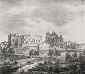 Vue ouest de Mesagne, Apulie, Italie, lithographie de Salvatore Puglia de Poliorama Pittoresco, n 47, 29 juin - Salvatore Puglia