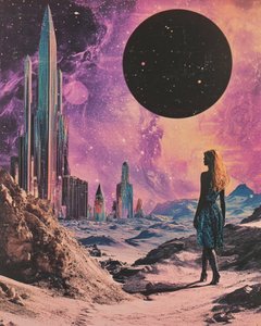Femme dans un paysage urbain cosmique