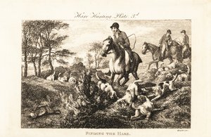 Chasseurs à cheval regardant les chiens trouver un lièvre