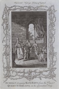 Dunstan traînant le roi Edwy loin de sa consort, la reine Ethelgiva, le jour de son couronnement (gravure) - Samuel (after) Wale