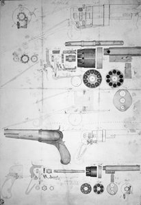 Plans originaux pour un revolver à dix chambres qui est devenu plus tard le six chambres breveté en 1836, vers 1830