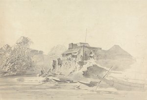 Scène de rivière avec bâtiments indigènes - Samuel Davis