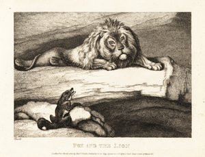 Un renard approchant imprudemment un lion mâle dans son antre. 1811 - Samuel Howitt