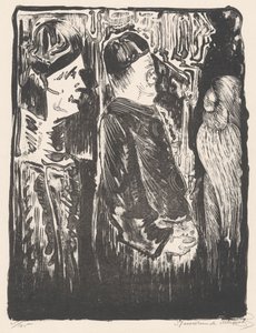 Fantaisie : à gauche deux figures avec des bonnets vers la droite, à droite une apparition gravée avec un plumage - Samuel Jessurun de Mesquita