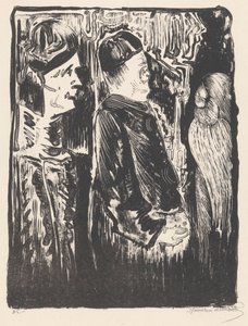 Fantaisie : à gauche deux figures avec des bonnets vers la droite, à droite une apparition gravée avec un plumage - Samuel Jessurun de Mesquita