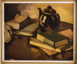 Nature morte avec une théière et des livres sur une table, vers 1926