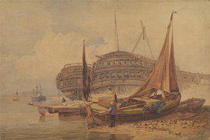 Scène côtière avec bateaux échoués au premier plan, début-milieu 19e siècle - Samuel Prout
