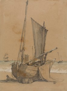 Bateau de pêche sur la plage avec une goélette en mer - Samuel Prout