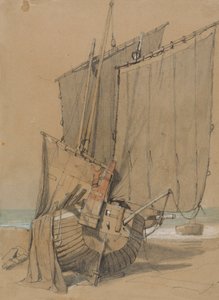 Bateaux de pêche sur la plage avec voiles séchant - Samuel Prout