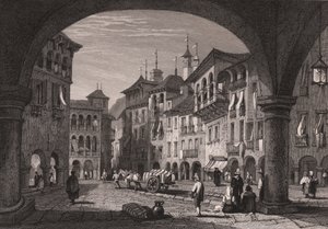 Vue de la place du marché à Domodossola, Piémont, Italie, gravure sur acier d