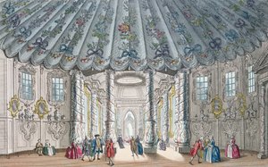 Vue intérieure de la salle de musique élégante dans les jardins de Vauxhall, gravée par H. Roberts, 1752