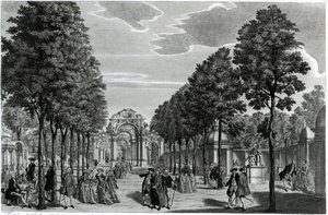 Les Arches Triomphales, Statue de Handel dans le South Walk des jardins de Vauxhall, gravé par John S. Muller - Samuel Wale