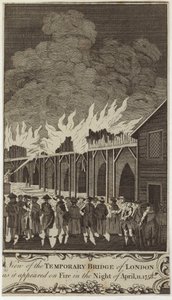 Vue du pont temporaire de Londres en feu la nuit du 11 avril 1758 - Samuel Wale