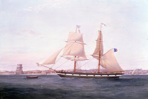 Le Maria Helena au large de Lisbonne avec la tour de Belém au-delà de son étrave