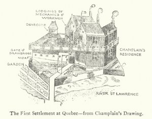 Le premier établissement français à Québec, début du XVIIe siècle (lithographie)