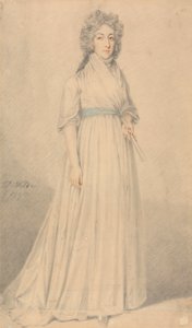 Une dame, en pied, portant une écharpe bleue et tenant un éventail