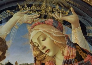 La Madone du Magnificat, détail du visage et de la couronne de la Vierge