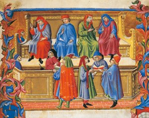 Tribunal du commerce miniature des Statuts des Marchands par Sano di Pietro (1472), Italie, 15ème siècle