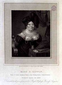Miss S. Biffin, née à East Quantox-head, près de Bridgewater, Somersetshire, sans mains ni bras, gravée par R.W. Sievier