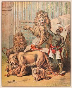 Lions performants avec leur dresseur au cirque Barnum & Bailey de la ménagerie de P.T. Barnum publié en 1888, illustration de Sarah J. Burke