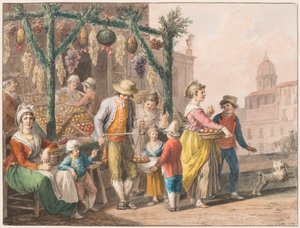 Aquarelle; Un étal de fruits à Naples à Noël