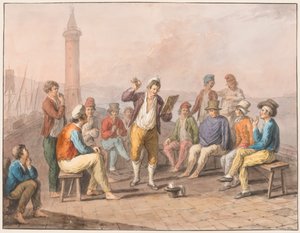 Aquarelle ; Rinaldo Rinaldini récite sur la jetée
