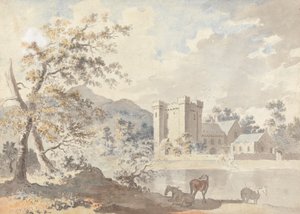 Château sous les montagnes avec des chevaux près d
