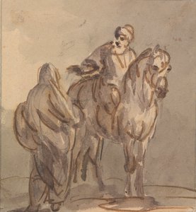 Deux personnes : une debout, une assise sur un cheval
