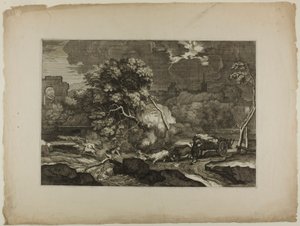 Charrette tirée par deux paires de bœufs dans une tempête - Sébastien Bourdon