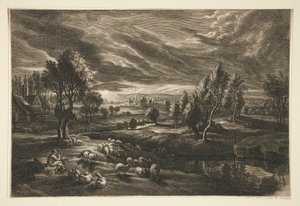 Berger et moutons au coucher du soleil - Schelte Adams Bolswert
