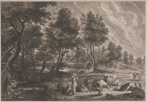 Paysage de ferme avec chasseurs et laitières - Schelte Adams Bolswert, after Sir Peter Paul Rubens