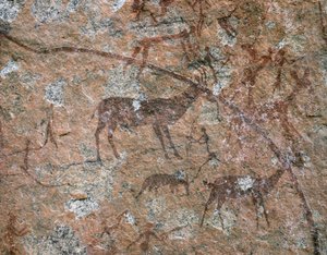 ART AFRICAIN : Peinture rupestre à Ngomo Carera dans la chaîne de Domboshawa, à 20 miles au nord-est... (fresque)